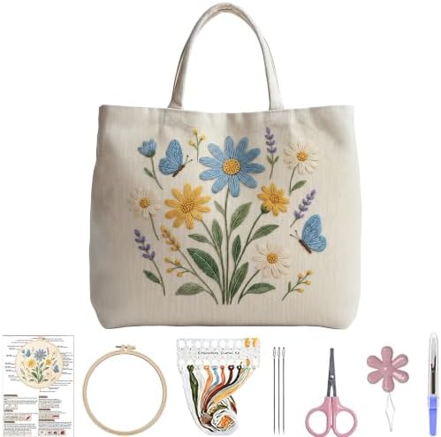 ARTopet Embroidery Tote Bag Kit for Beginners Flower Canvas Cross Stitch Handbag with Hoops Needles Threads Reusable Grocery Bag for Women-Flowers