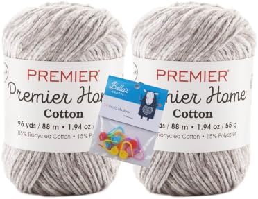 Premier Home Cotton Yarn 2-Pack Bundle with Bella's Crafts Stitch Markers (Grey Splash)