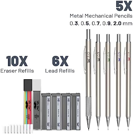 Mr. Pen- Metal Mechanical Pencil Set with Lead and Eraser Refills, 5 Sizes