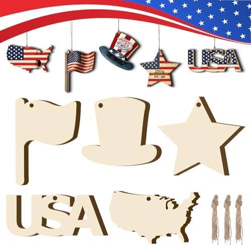 30Pcs Patriotic July of 4th Independence Day Unfinished Wooden Gift Ornaments DIY Craft Activity Paintable Blank Cutouts Hanging Wood Slices for Memorial Day Classroom Art Crafts Party Supplies