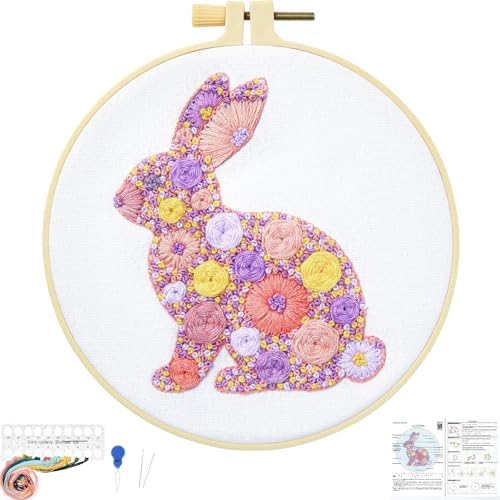 Easter Embroidery Kits for Beginners Adults, Flowers Bunny Embroidery Kits, Hand Stamped Cross Stitch Kits for Beginners Adults & Women Easter Gifts, Entire Set of Embroidery Supplies & Video Tutorial