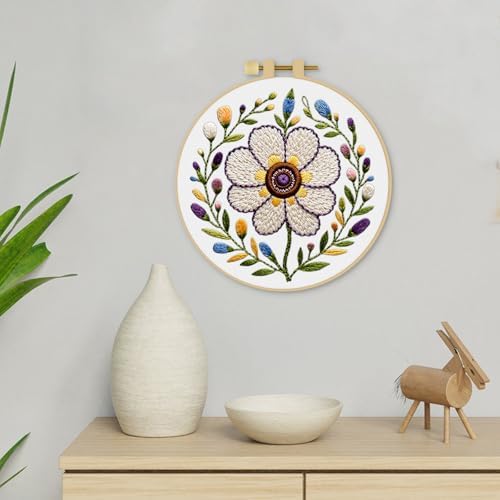 ERKOON Embroidery Kit for Beginners Adult, Cross Stitch Set Include Embroidery Cloth Hoop Threads for Craft Lover Hand Stitch with Embroidery Skill Techniques (Flower)