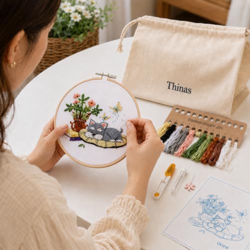 Thinas Embroidery Kit for Beginners Adults, 3 Pack Stamped Dog Embroidery Starter Set with Patterns & Video Tutorial, DIY Sewing Craft Supplies for Dog Lovers, Home Decor Gift Idea