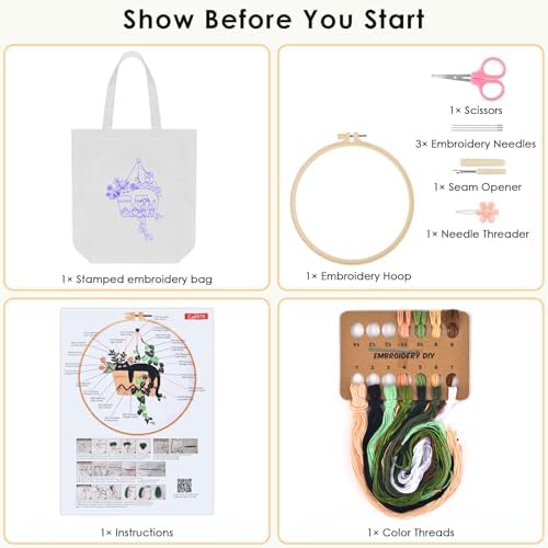 ERKOON Embroidery Canvas Tote Bag for Beginners, Needlepoint Arts Crafts Cross Stitch Kits for Adults Including Stamped Embroidery Bag with Hoops, Needle, Instruction and Color Threads (Cat)