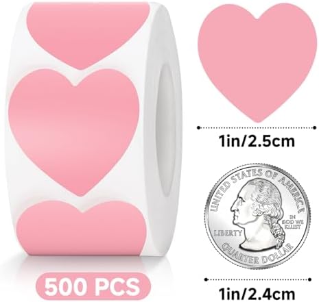 Anwyll Heart Stickers - 500Pcs 1Inch Valentines Day Heart Stickers Pink Heart Shape Sticker for Reward Classroom Self Adhesive Love Incentive Sticker for Envelope Seal Card Birthday Wedding Favors