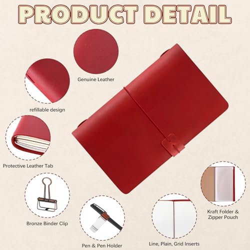 Thenshop Leather Travel Notebook 3 Inserts,Red,A6 Size