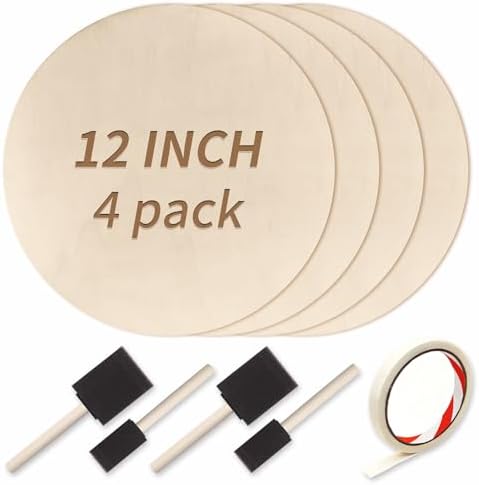 12 Inch Unfinished Wood Circles, 4-Pack Blank Rounds with Brush for Crafts | 12-inch unfinished wood circles with paint foam brush for door signs, painting, wood burning, Cricut crafts and DIY decor.