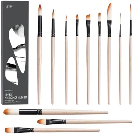 ARTIFY Watercolor Brush Set, 12 Pcs Professional Paint Brushes with Case for Beginners and Artists, Various Shapes, Optimized Hairs for Watercolor, Gouache, Ink, Tempera, and Fabric Painting