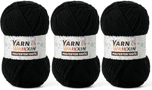 3 Pack Soft Chenille Yarn for Crocheting, Fluffy Chunky Crochet Yarn for Baby Blanket, (5.29oz/196.8yds) Fuzzy Velvet Yarn for Amigurumi&DIY Puzzle、Crafts、Scarf(3 Black)