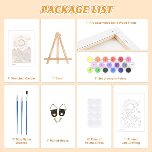 KEYIFA Paint by Numbers for Adults on Framed Canvas - with Wooden Easel, Mountain Painting by Number Kit for Beginners, DIY Sun Acrylic Paint-by-Number Kits for Home Wall Decor (8x12 inch)