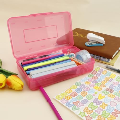 Pink Pencil Case Plastic Clear Hard Pencil Box Crayon Box Organizer 1 Pack Office Supplies Storage Container Organizer Boxes for Girls for Pens Crayon School Stylish Art Office Supplies Storage Medium