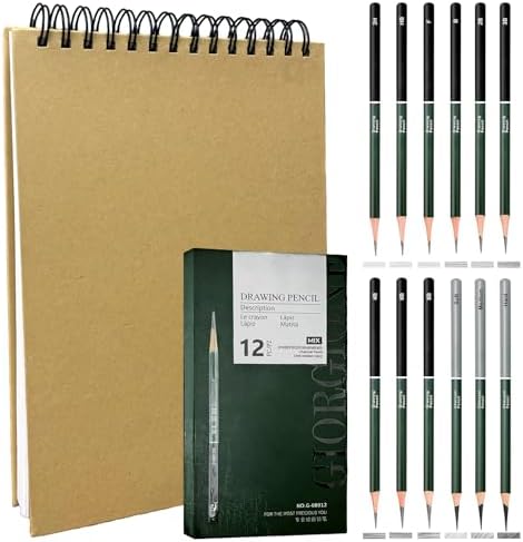 Sketchbook and Pencil Set - Spiral Bound Hardcover with 60 Sheets & 12 Charcoal Pencils (Hard/Medium/Soft) for Professional Artists and Beginners