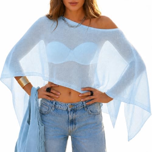 MAKABO Women's Crochet Sheer Poncho Top Lightweight Sparkly Shrug Pullover Knit Bolero Sweater Cover Up Beachwear