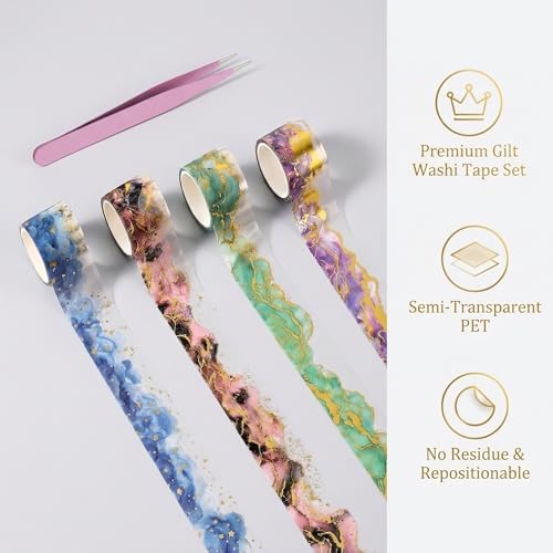4 Rolls Gradient Watercolor PET Tape Stickers for Journaling Gold Foil Aesthetic Scrapbooking Supplies with Pink Tweezers Clear Junk Journal Accessories Decorative Craft Set