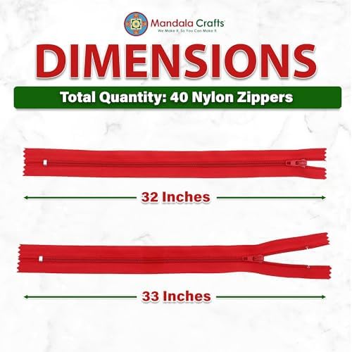 Mandala Crafts 40 PCs Red Closed-End 32 Inches Nylon Zippers for Sewing