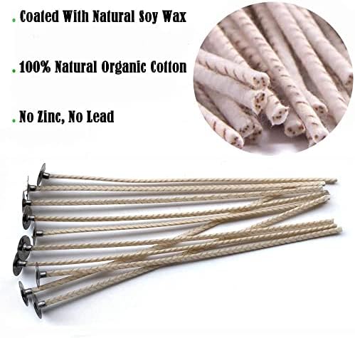 ECO8 100pcs Pre-Waxed Wicks for Soy Candles, 6 Inch Thick Wick with Base