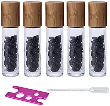 5 Pack 10ml Clear Roll On Bottles With Natural Chakra Crystal Chips for Essential Oils,Perfume Glass Roller Bottles Container Bamboo Lid,Crystal Roller,Pipette&Opener Included (Black Obsidian)