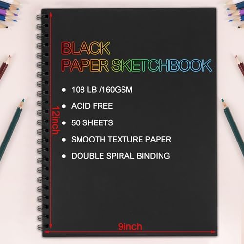 2 Pack Black Paper Sketchbook, 9 × 12 in, 100 Sheets, 160gsm Spiral Bound