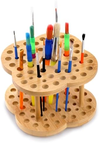 Foraineam 2 Pack Rotating Paint Brush Organizer Holder - 53 Holes Bamboo Display Drying Stand - Artist Watercolor Brush Stand Rack Art Supply Storage Organizer
