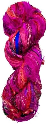 Maker's Craft Recycled Fuzzy Fringes Sari Silk Ribbon Yarn 35yards, 100Grams for DIY Knitting Crocheting Gift Wrapping, Christmas Decoration, Macrame Makers, Jewelry Making, Rugs Hooking (Magenta)