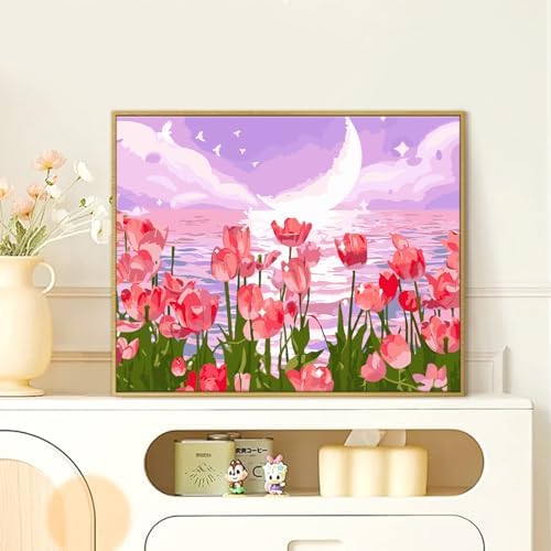 Yunnuo Paint by Numbers Kit for Adults, Tulip Flowers Paint by Number for Beginners, DIY Seaside Scenery Acrylic Number Painting on Canvas, Great Gifts Decor (16 x 20 Inch)