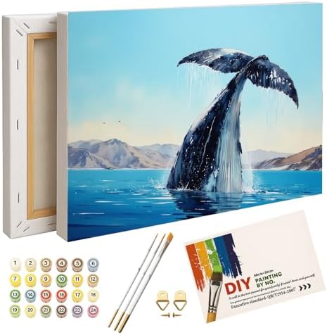 Whale Tail Splash Paint by Numbers Kit for Adults - DIY Humpback Whale Diving in Ocean Painting on Canvas 12X16IN framed, Acrylic Paint Set, Suitable for Beginners, Art for Home Decoration or Gifts