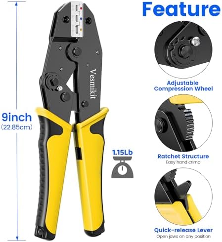 Crimping Tool Set 8PCS - Ratchet Wire Crimping Tool for Heat Shrink,Insulated Nylon,Non-Insulated,wire ferrules,Open Barrel Terminals,Solar Connectors - Crimper with 6 Interchangeable Die
