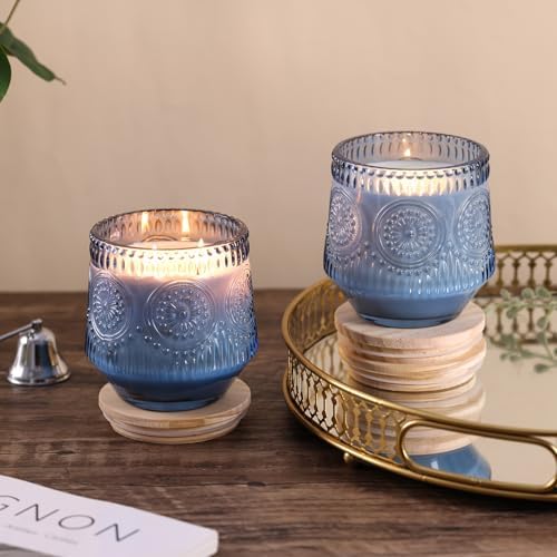 LAMORGIFT 13.5OZ Blue Glass Candle Jars for Making Candles, 6 Pack - Unique Empty Candle Jars Bulk with Bamboo Lids and Candle Making Accessories, Candle Vessels Containers for Candle Making