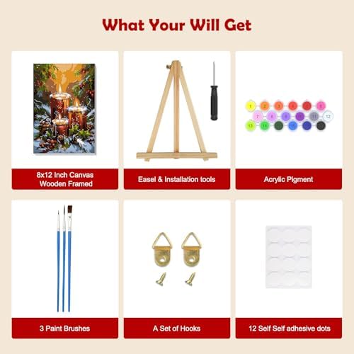 MOGTAA Christmas Paint by Numbers Kit for Adults Beginners with Frame, Christmas Candle Adult Paint by Number Kits on Canvas with Easel, Easy DIY Winter Oil Painting Kits for Home Decor, 8x12in