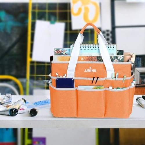 JJRING Craft Organizer Tote Bag Large Art Storage Caddy Orange | With Multiple Pockets For Sewing, Scrapbooking, School, Medical, And Office Supplies
