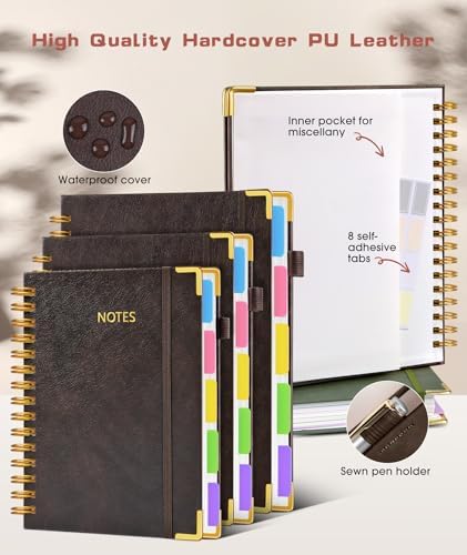 Hardcover Spiral Notebook 8.5"x11" Journal with Removable Dividers Tabs, 300 Pages Leather 5 Subject Notebook College Ruled, Large A4 Notebooks for Work School, Lined Journal for Women, A4 Brown