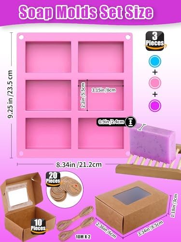 Silicone Soap Molds Set of 3, with 10 Soap Boxes for Homemade Soap,DIY Rectangle Soap Molds for Soap Making, 6 Cavity Mold for Craft Soap Mold, Chocolate & Ice Cube Trays(Blue, Purple & Pink)