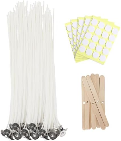 JEAWIWI 100 Pcs Cotton Candle Wicks, 12 in, with Wick Stickers & Holders