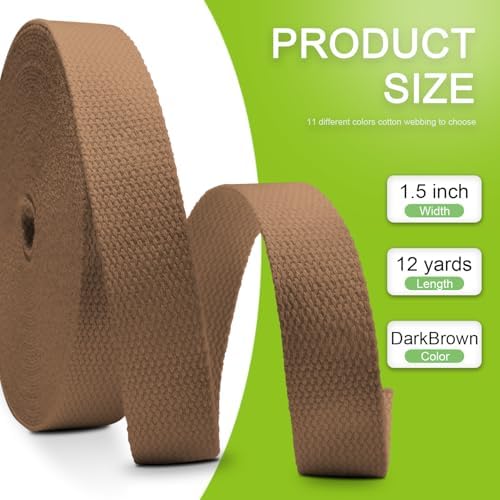 Cotton Webbing 1.5 Inch 12 Yards Natural Cotton Webbing Straps for Bags Handles, 1.5 Inch Weave Webbing for Cloth Tote Bag Straps Making,Cloth Belt, DIY Crafts Decoration (Dark Brown)