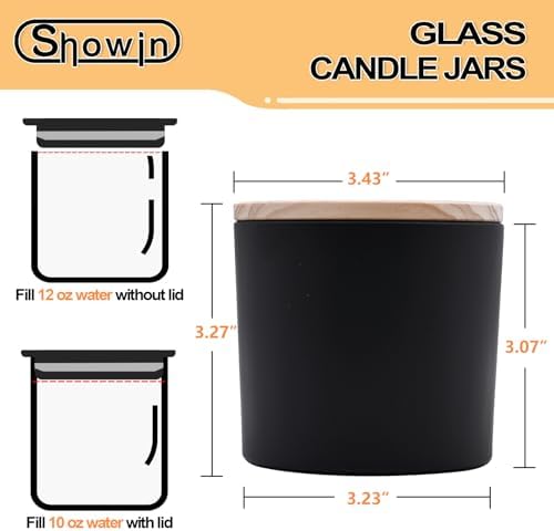 SHOWIN 12 OZ Thick Candle Jars for Making Candles 12 Pcs, Empty Jars with Wood Lids for Spice Jars, Sample Container, Matte Black
