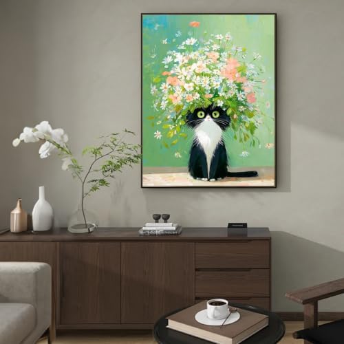 Amaieuin Cat Paint by Numbers Kit for Adults,Canvas Paint by Numbers for Adults,Flowers Cat Paint by Number Adult DIY Flower Painting Kit for Relax Gifts and Home Wall 20x16in