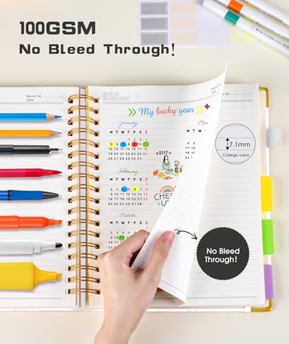 Hardcover Spiral Notebook journal with Removable Dividers Tabs, 300 Pages Leather 5 Subject Notebook College Ruled, 100GMS Notebooks for Work School Note taking,Lined Journal for Women,A5 White
