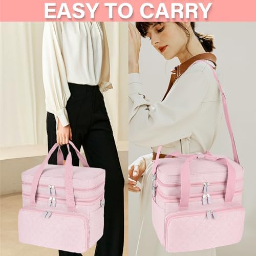 Double-Layer Sewing Organizer Bag with Detachable Pockets, Pink