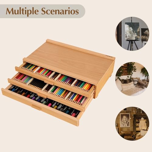 VISWIN Upgraded 3-Drawer Wood Artist Supply Storage Box with Removable Dividers, Premium Beech Wood Art Storage Box, Portable Organizer Box for Paints, Pastels, Pencils, Brushes and Art Supplies