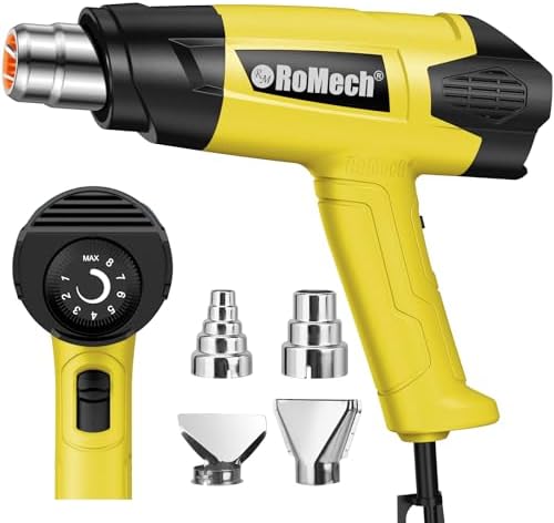 ROMECH 1500W Heavy Duty Heat Gun, Variable Temperature Control Hot Air Gun Kit with 2 Air Flow 120°F~1200°F and 4 Nozzles for Crafts Shrink Wrap (Yellow)