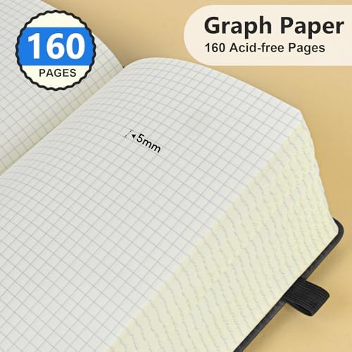 Graph Paper Notebook 5.9"×8.5", 160 Pages Grid Notebook, A5 Graphing Paper | Hardcover Leather Journal for Women & Men,100 Gsm, Grid Spacing 5mm x 5mm, Medium Size, Grid notebook for Work, School, Math