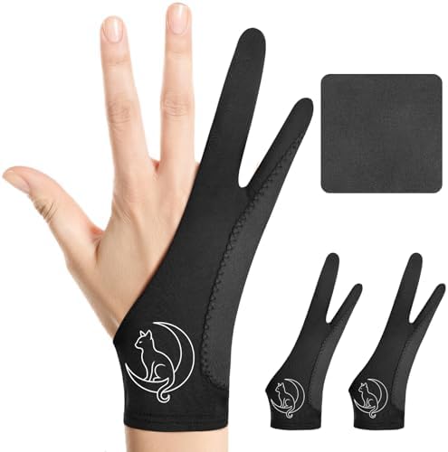 Luna Cat Drawing Glove: 3-Layer Palm Rejection for iPad & Drawing Tablet | Smooth-Glide & Breathable Artist Glove for Digital Art, Two-Finger Design, Fits Left & Right Hand, 2-Pack + Cleaning Cloth