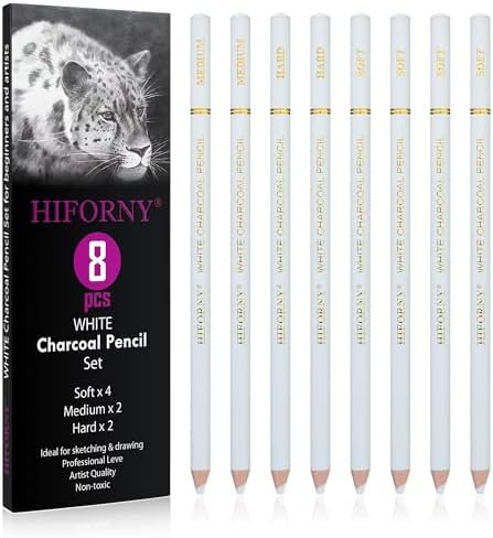 HIFORNY 8 Pieces White Charcoal Pencils Drawing Set for Drawing, Sketching, Shading, Blending - Chalk Pencils for Beginners & Artists