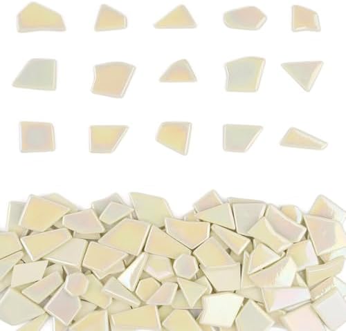 Youway Style Iridescent Cream Glass Mosaic Tiles for Crafs Bulk,200g Broken Stained Glass Pieces for Crafts DIY Mosaic Art Decor