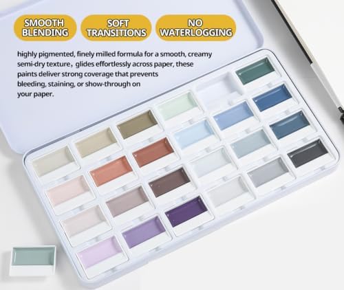 Watercolor Paint Set, 24 Color Opaque Semi-Solid, Muted Gray Tone