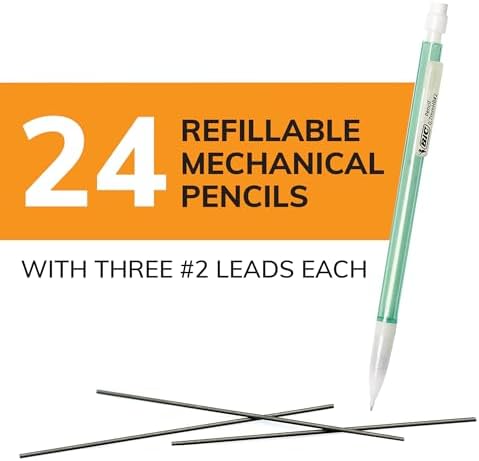 BIC Xtra-Sparkle Number 2 Mechanical Pencils, 24-Count Pack, 0.7mm Point | Colorful Sparkle Barrels, Multicolor Design, Ideal for School Supplies, Smudge-Resistant Lead, Medium Point, Erasers
