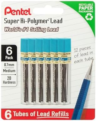 Pentel Super Hi-Polymer Lead Refills, 0.7 mm, 2B, 72 Pieces (12 pcs per tube, 6 tubes)
