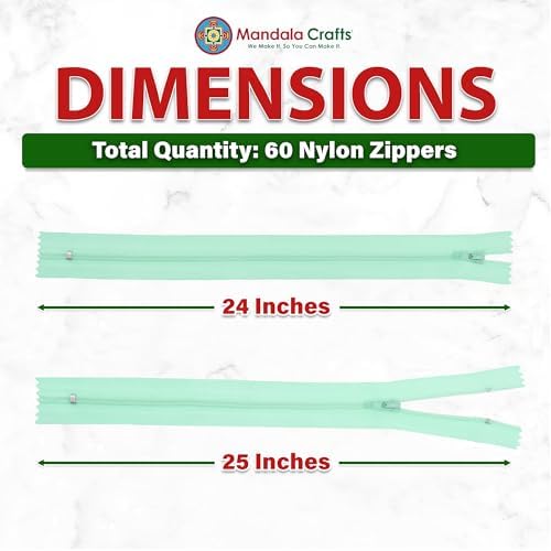 Mandala Crafts 60 PCs Mint Closed-End 24 Inches Nylon Zippers for Sewing