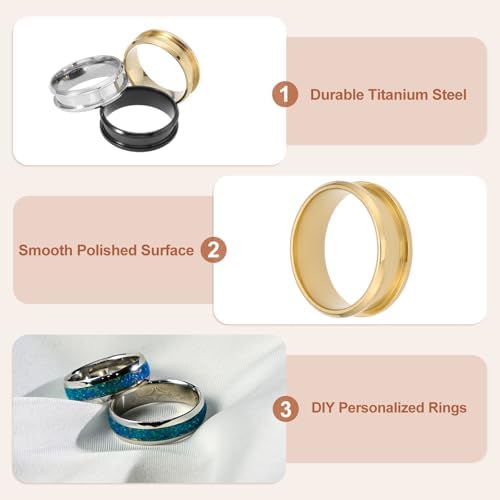 MECCANIXITY 3 Pcs Titanium Steel Ring Blank, 8mm Width Grooved Inlay Ring Blanks for Jewelry Making DIY Craft Supplies(Black/Gold/Silver, Size 11)