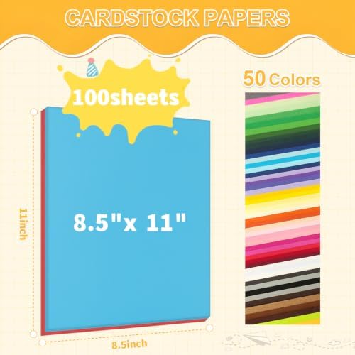 100 Sheets 8.5" X 11" Colored Cardstock, 50 Assorted Colors 180 GSM/65 LB Construction Paper, Card Stock Craft Set with Scissors and Ruler, Printer Paper for Scrapbooking, DIY Crafts and Decorations